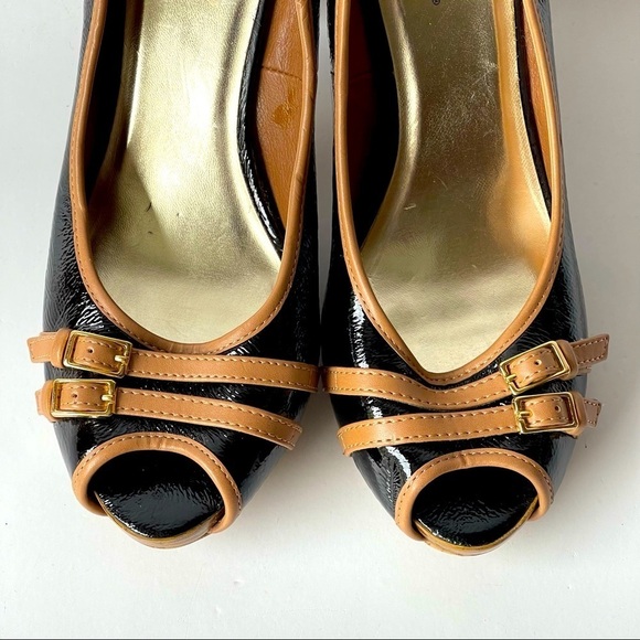 Candie's Black Brown Patent Leather Pumps Heels Buckle, Sz 8 - Picture 2 of 10